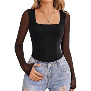 Women's Black Long Sleeve Bodysuits Square Neck One Piece Mesh Leotard Tops